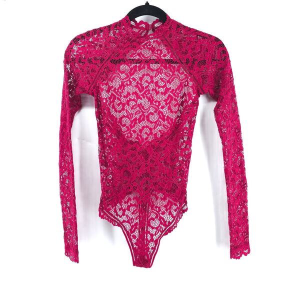 Victoria's Secret Tops - Victoria Secret Coquette Mock Neck Red Lace Unlined Bodysuit Snap Closure XS